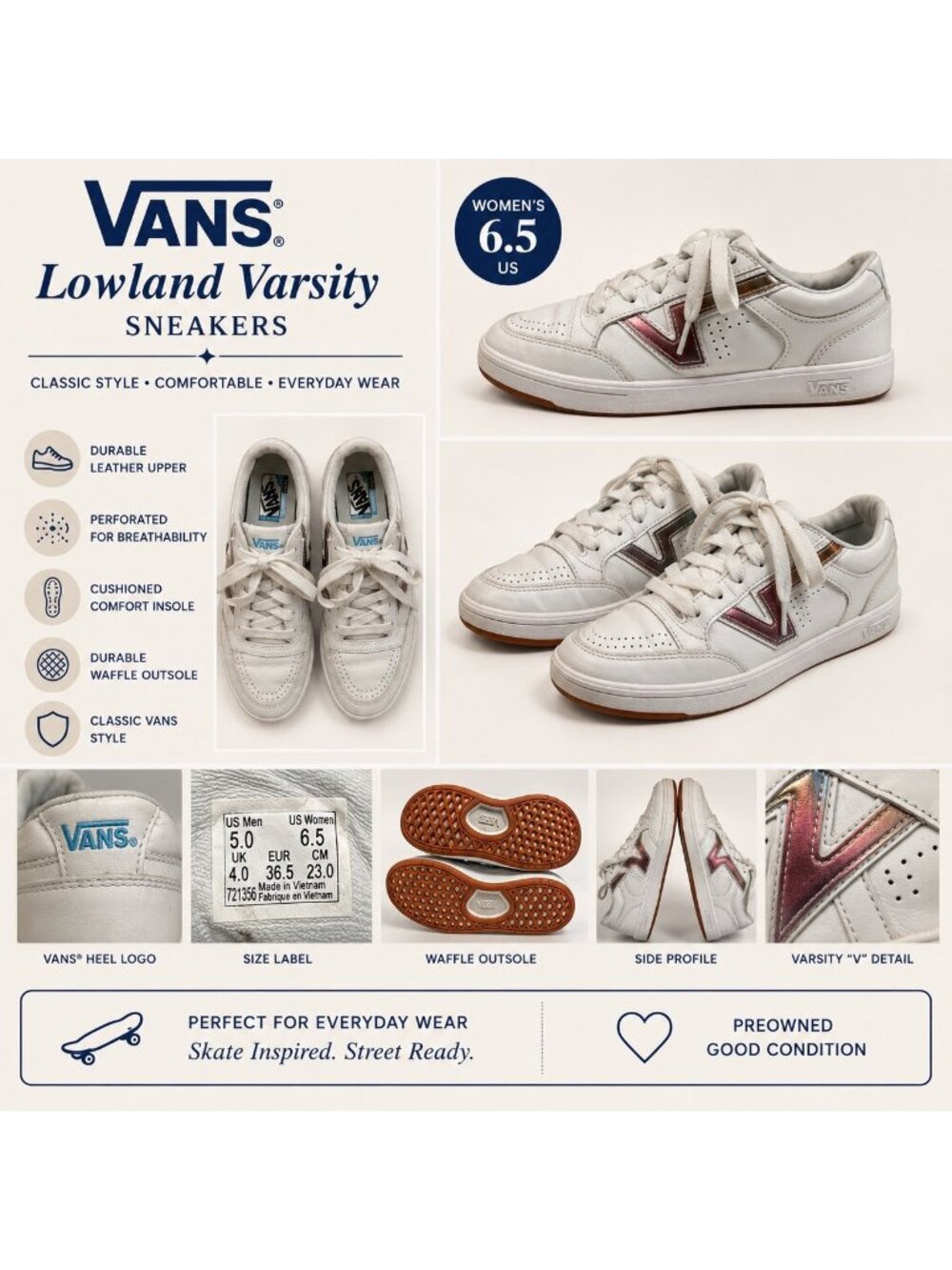 Vans Womens 6.5 Mens 5 White Leather Sneakers With Multicolor Accents Lace-Up